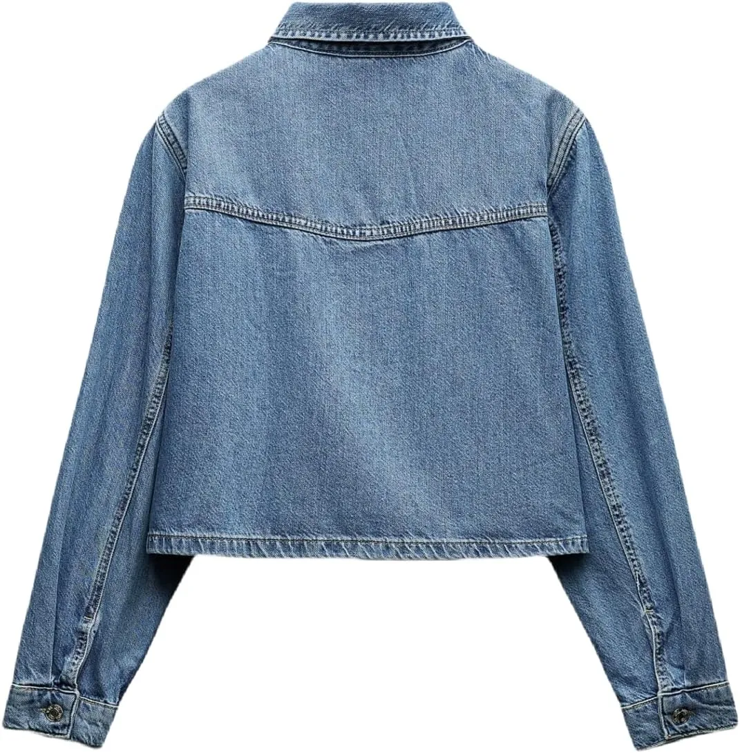 Women Crop Denim Jacket Shacket Long Sleeve Jean Shirt Lapel Collar Denim Shirt Blouse