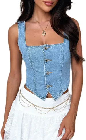 Women Denim Crop Vest Y2k Button Down Sleeveless Crop Top Jean Tank Top Slim Backless Corset Top Smocking Vest