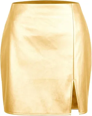 Women Faux Leather Skirt Metallic Shiny High Waisted Slit Bodycon Party Mini Skirts PU Leather Short Skirts Clubwear