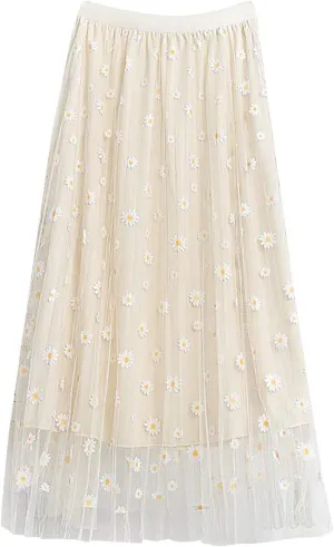 Women Floral Daisies Printed Skirt Pleated Mesh Elastic Waist Skirt Double Layer Swing A-Line Tulle Skirt
