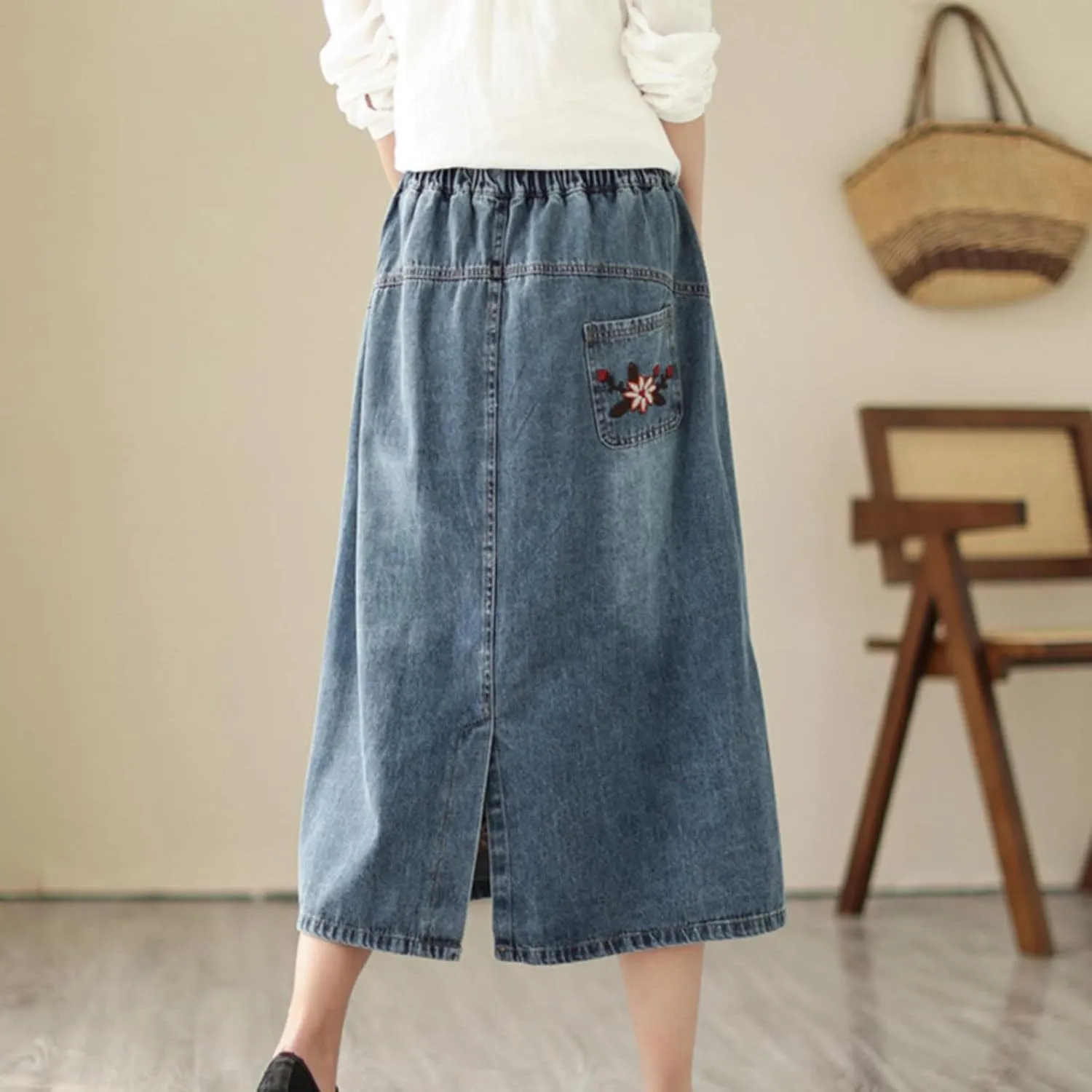 Women Floral Embroidery Denim Skirt Elastic Waist Drawstring A Line Skirt Mid Length Half Skirt with Pockets