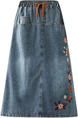Women Floral Embroidery Denim Skirt Elastic Waist Drawstring A Line Skirt Mid Length Half Skirt with Pockets