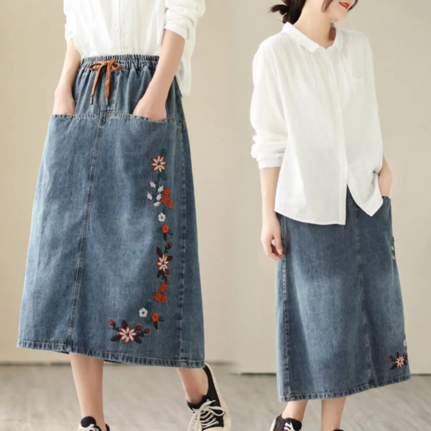 Women Floral Embroidery Denim Skirt Elastic Waist Drawstring A Line Skirt Mid Length Half Skirt with Pockets