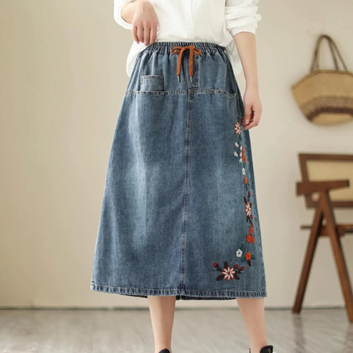 Women Floral Embroidery Denim Skirt Elastic Waist Drawstring A Line Skirt Mid Length Half Skirt with Pockets