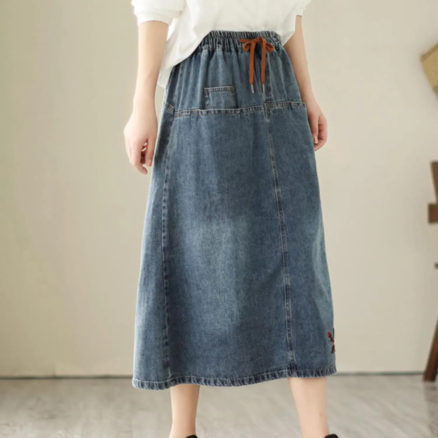 Women Floral Embroidery Denim Skirt Elastic Waist Drawstring A Line Skirt Mid Length Half Skirt with Pockets