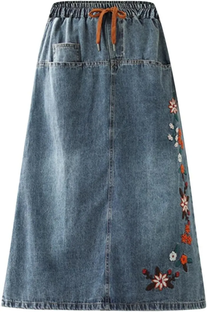 Women Floral Embroidery Denim Skirt Elastic Waist Drawstring A Line Skirt Mid Length Half Skirt with Pockets