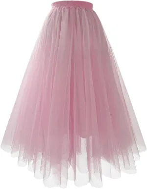Women Mesh Gauze Pleated A-Line Skirt High Waist Midi Tulle Skirts