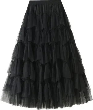 Women Mesh Layered A-Line Skirt Summer High Waist Party Skirt Elegant Mesh Patchwork Tulle Tutu Midi Skirt