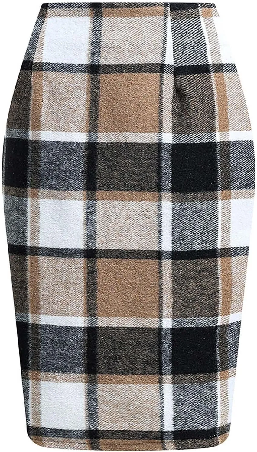 Women Midi Wool Plaid Skirt Slim Fit Bodycon Pencil Skirts Trendy Knee Length Fall Winter Woolen Checkered Skirts