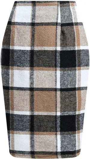 Women Midi Wool Plaid Skirt Slim Fit Bodycon Pencil Skirts Trendy Knee Length Fall Winter Woolen Checkered Skirts