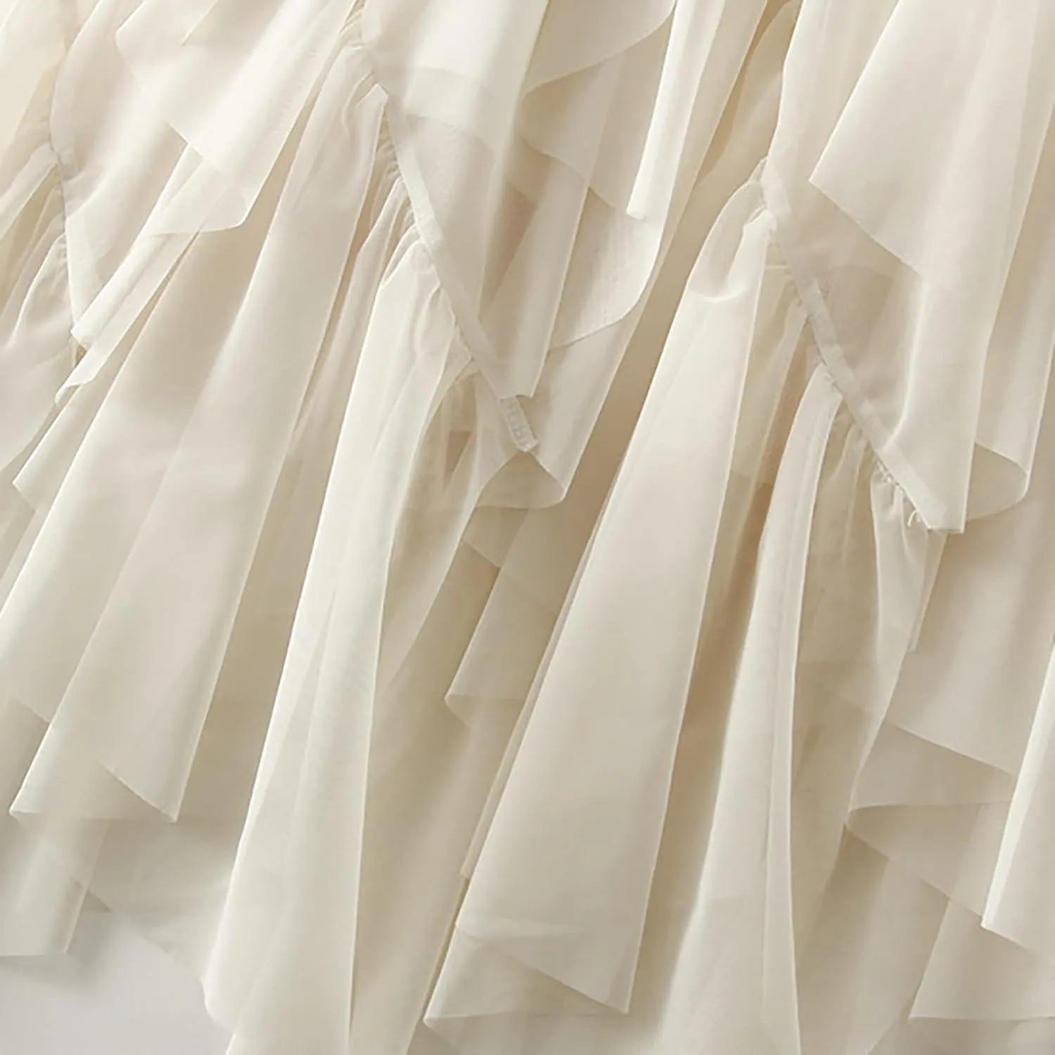 Women Ruffles A Line Pleated Skirt High Elastic Waist Tulle Midi Skirt Mesh Irregular Hem Lace Skirt