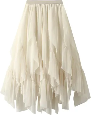 Women Ruffles A Line Pleated Skirt High Elastic Waist Tulle Midi Skirt Mesh Irregular Hem Lace Skirt