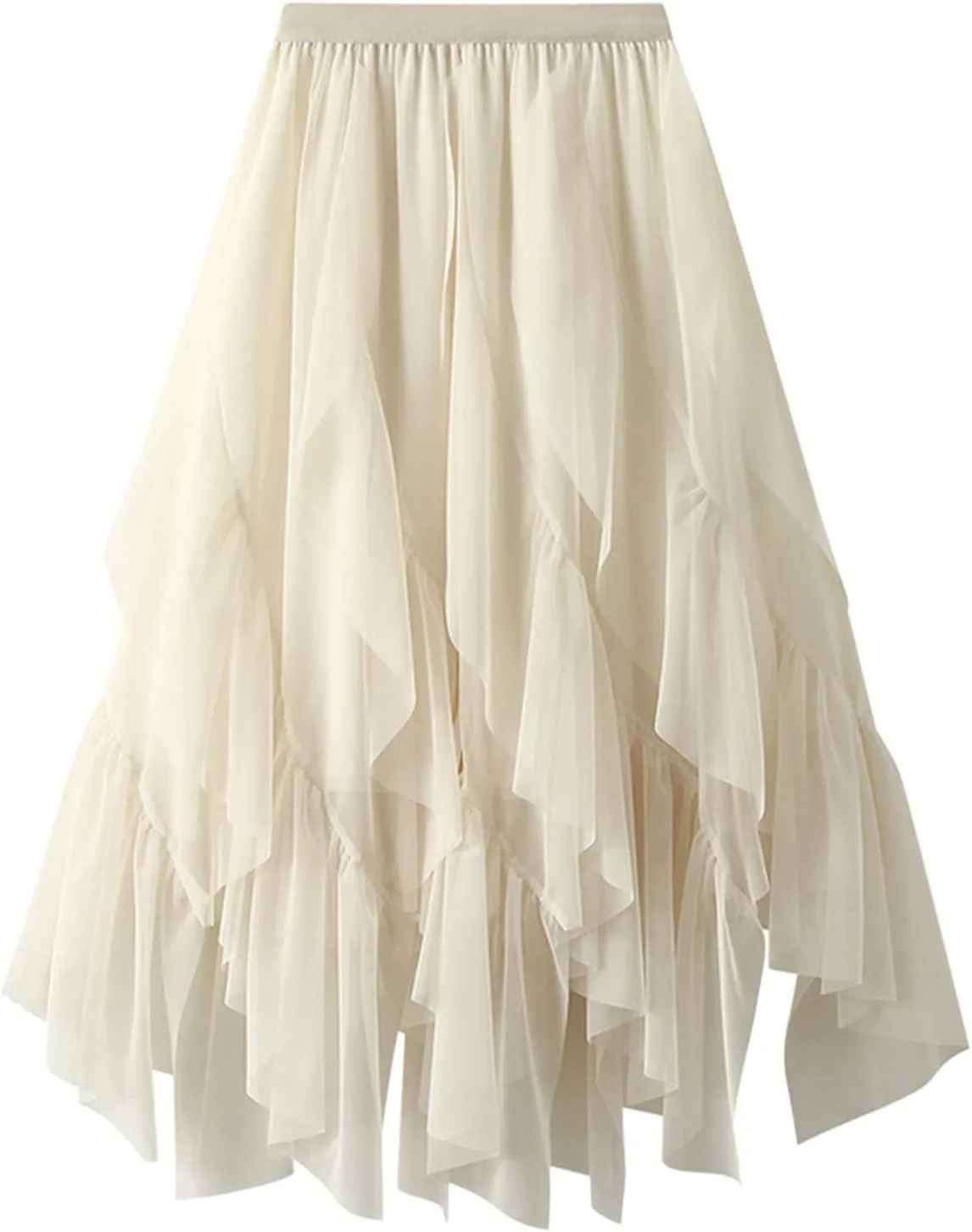 Women Ruffles A Line Pleated Skirt High Elastic Waist Tulle Midi Skirt Mesh Irregular Hem Lace Skirt