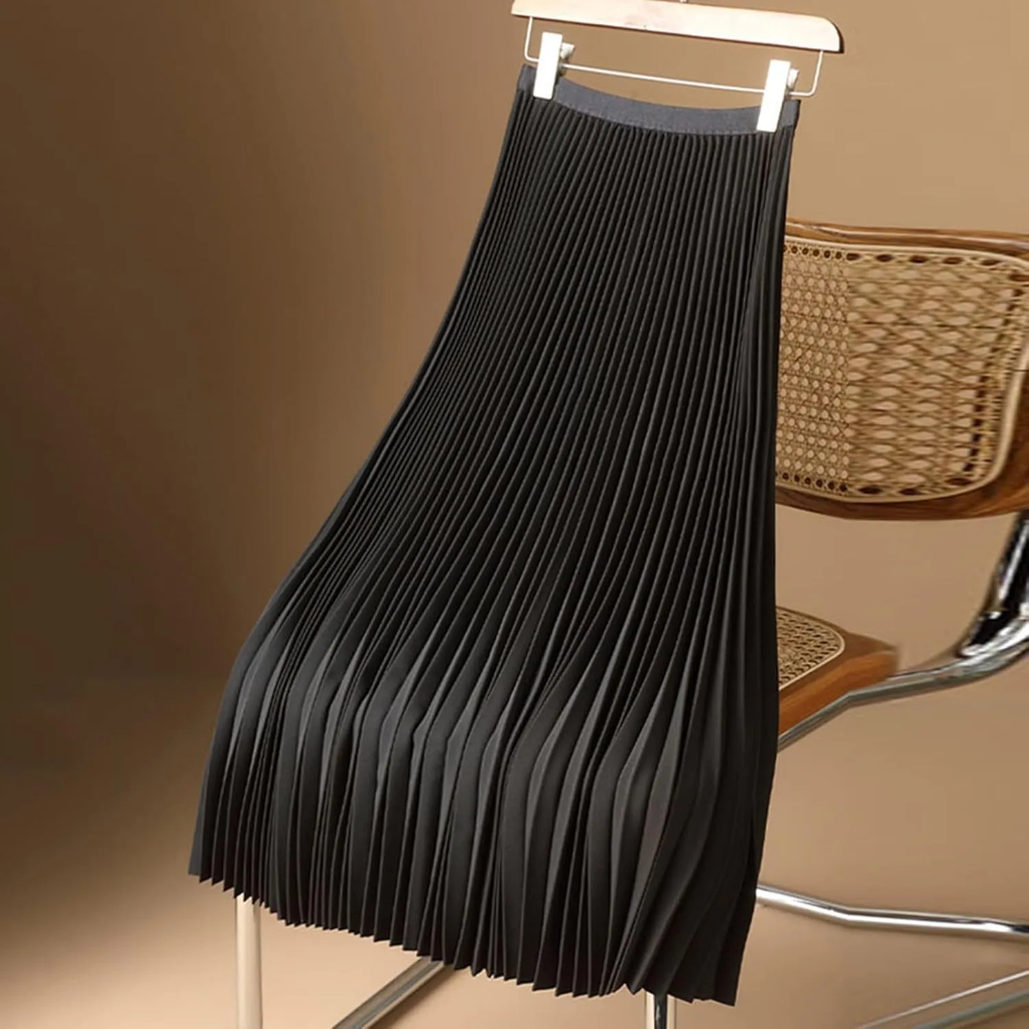 Women Satin Pleated Maxi Skirt Flowy Swing Elastic High Waist Long Flare Casual Shiny Metallic Comfort Wear