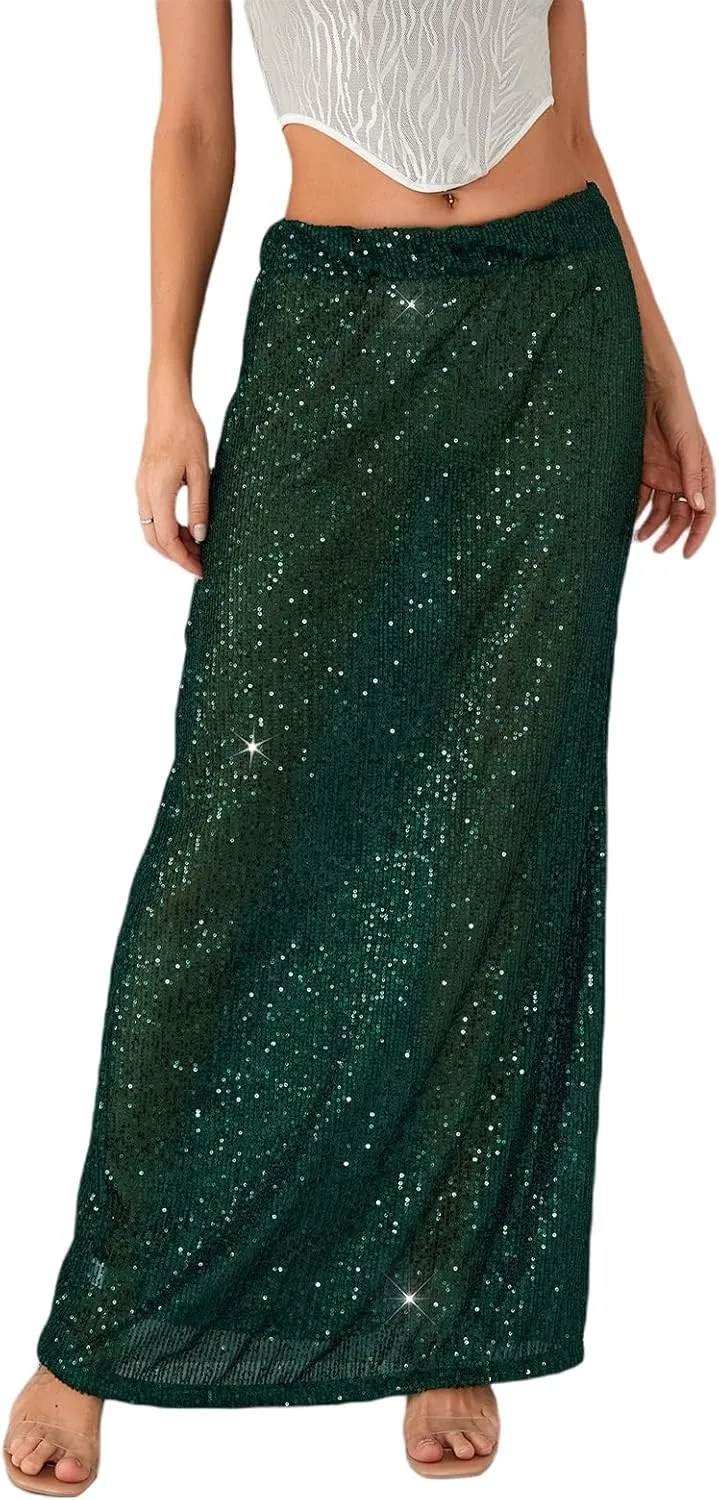 Women Sequin Maxi Skirt Glitter Elastic Waist A Line Midi Skirt Sparkle Pencil Skirt Party Nightout Long Skirt