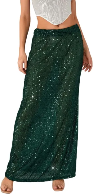 Women Sequin Maxi Skirt Glitter Elastic Waist A Line Midi Skirt Sparkle Pencil Skirt Party Nightout Long Skirt