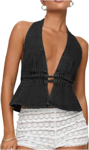 Women Sexy Halter Jean Vest Deep V Neck Denim Tie Vest Summer Backless Ruffle Denim Tank Top Streeetwear