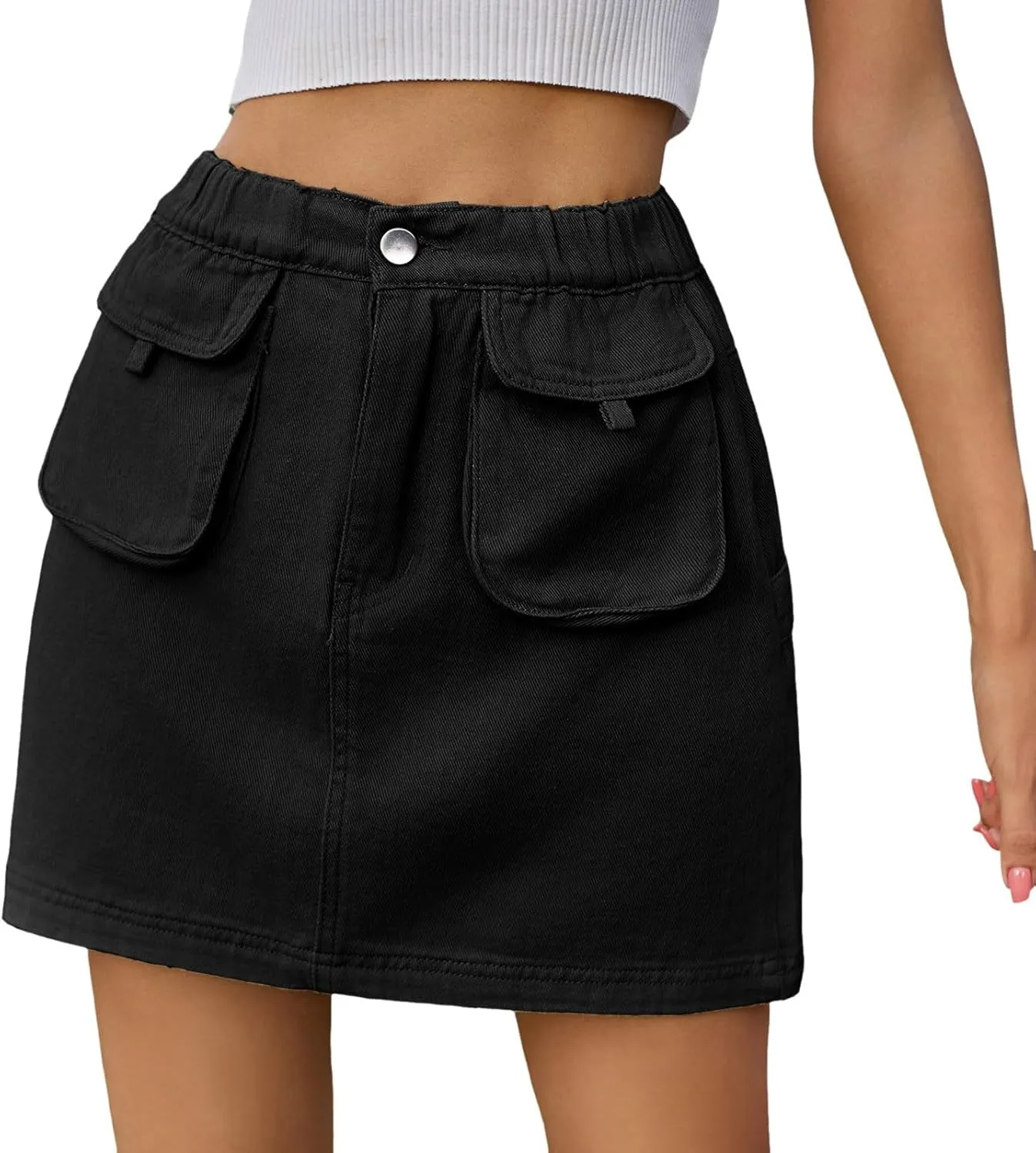 Women Skirt Soft Hip Hugging Denim Skirt Elastic Waist Cargo Pocket Denim Skirt Midi Skirt with Pockets and