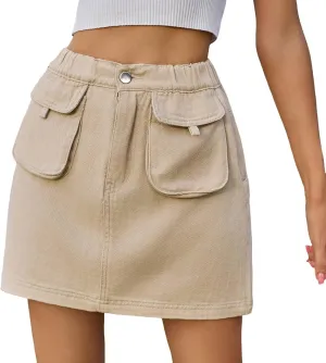 Women Skirt Soft Hip Hugging Denim Skirt Elastic Waist Cargo Pocket Denim Skirt Midi Skirt with Pockets and