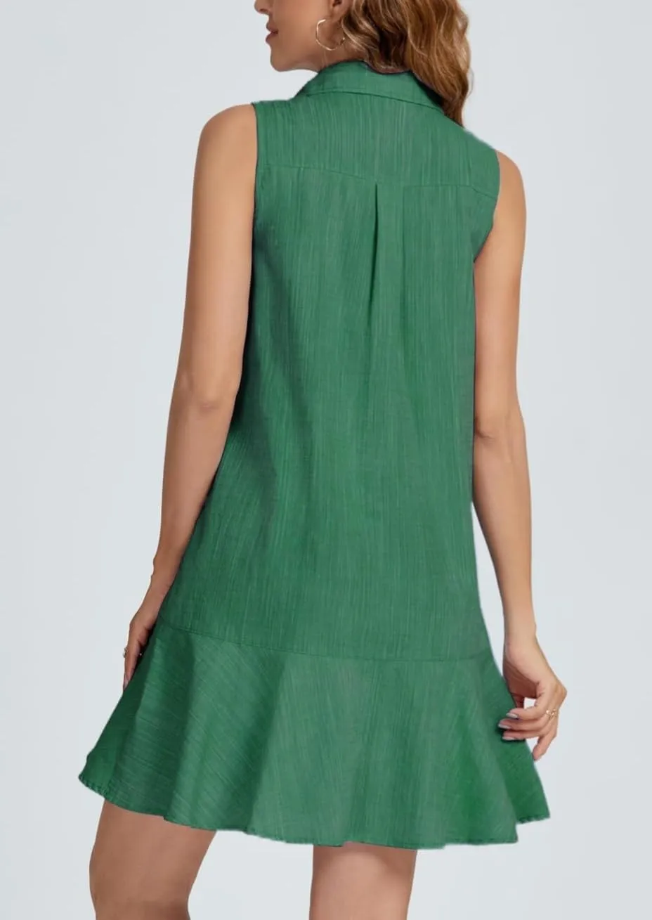 Women Sleeveless Mini Dress Button Down Shirt Dress V Neck Reffle Hem Cotton Linen Tunic Short Dress