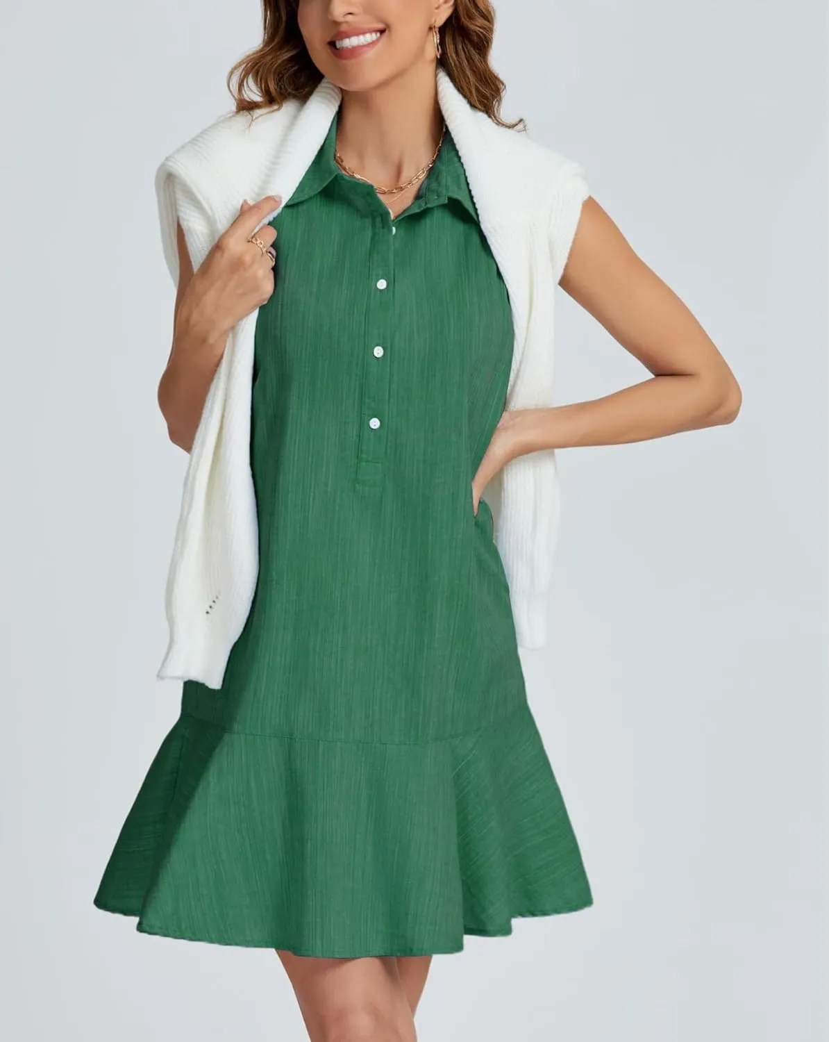 Women Sleeveless Mini Dress Button Down Shirt Dress V Neck Reffle Hem Cotton Linen Tunic Short Dress