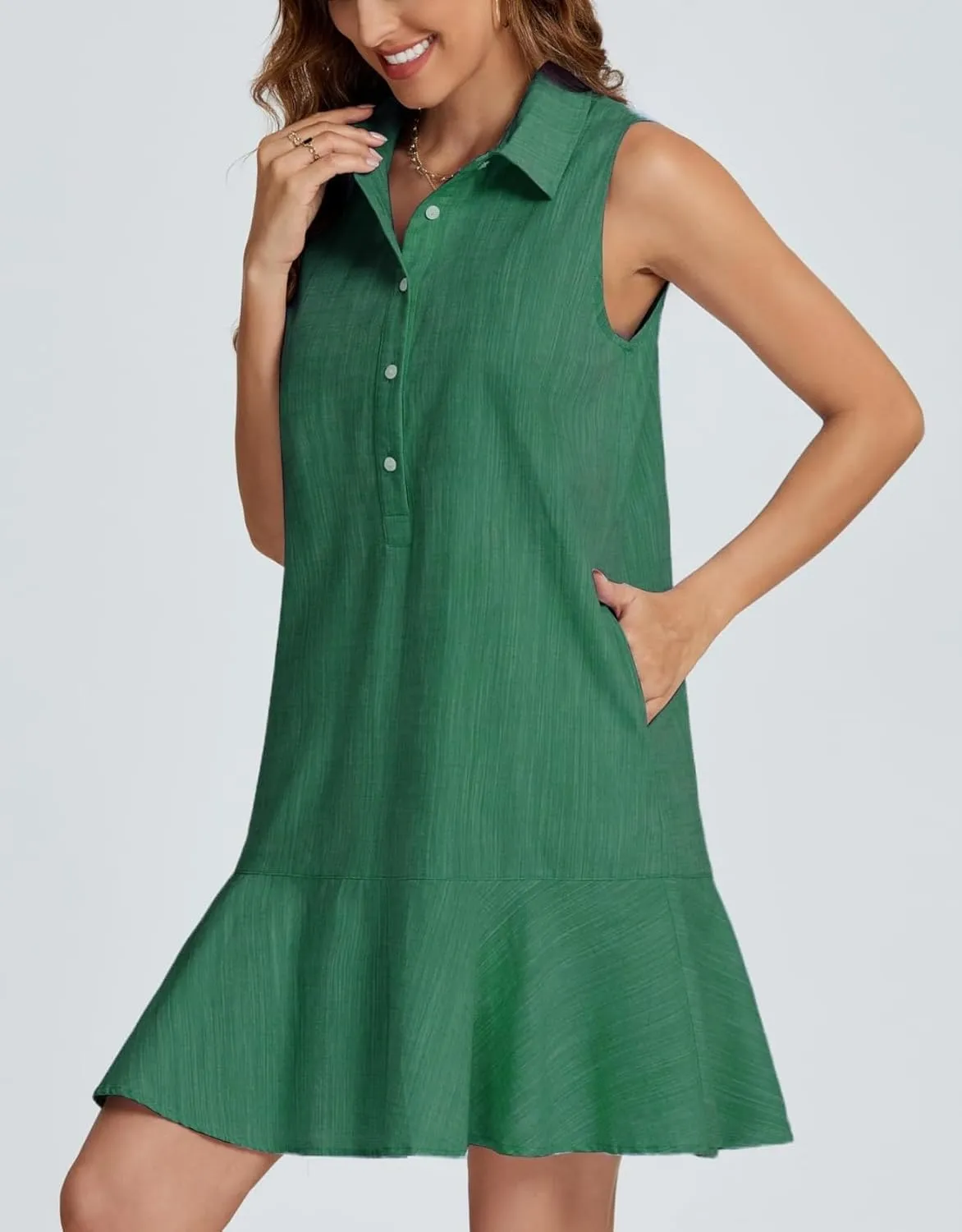 Women Sleeveless Mini Dress Button Down Shirt Dress V Neck Reffle Hem Cotton Linen Tunic Short Dress