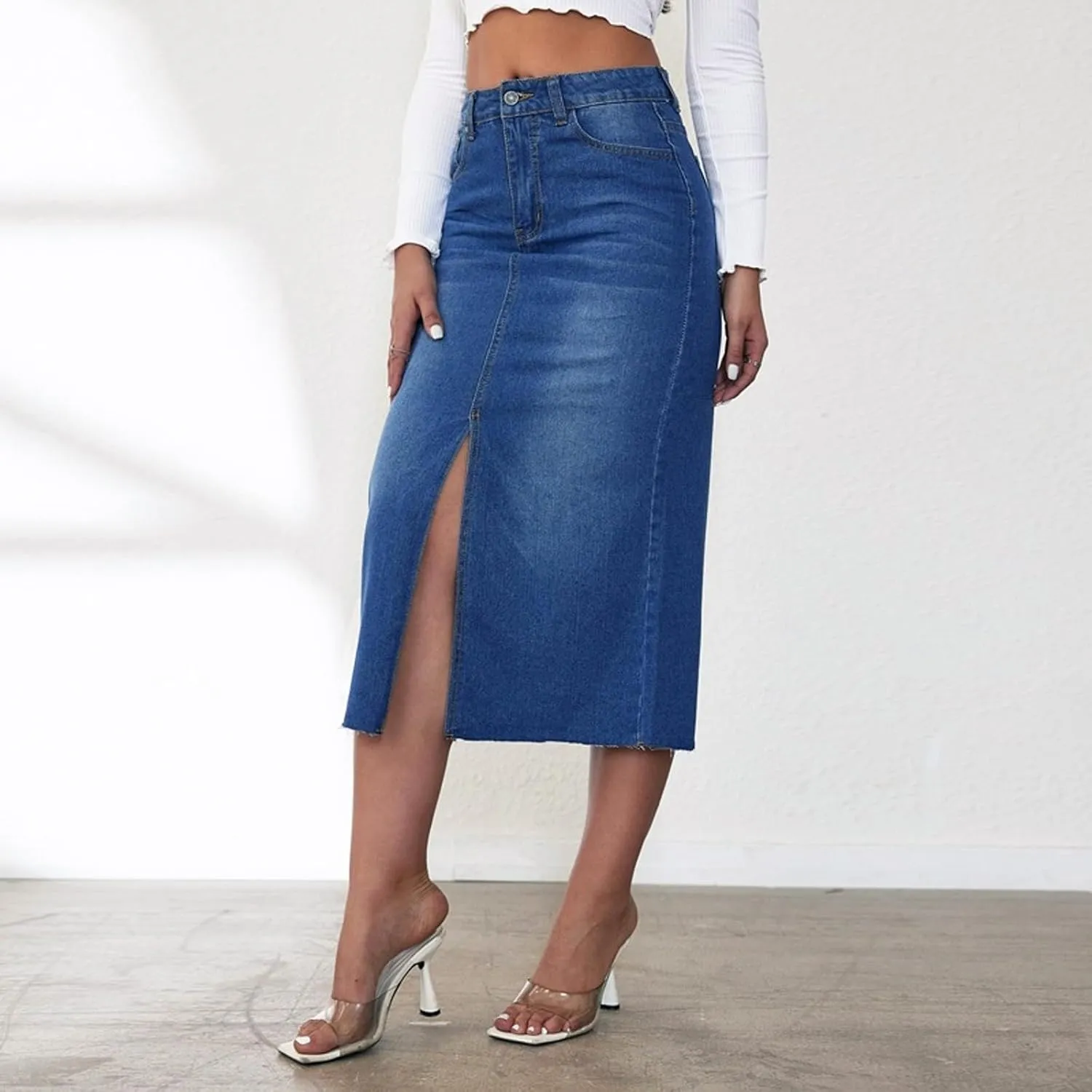 Women Slit Denim Maxi Skirt High Waist Split A-Line Pencil Long Jean Skirt Slim Fit Vintage Cargo Y2k Jean Skirt