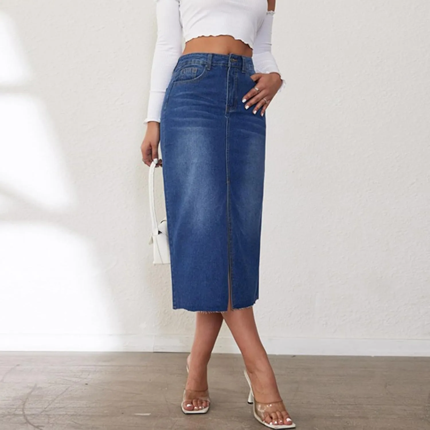 Women Slit Denim Maxi Skirt High Waist Split A-Line Pencil Long Jean Skirt Slim Fit Vintage Cargo Y2k Jean Skirt