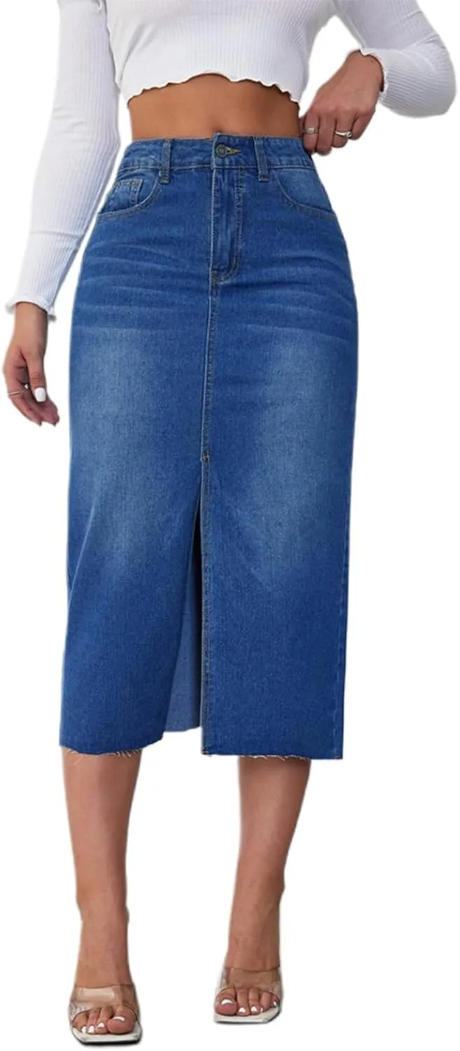 Women Slit Denim Maxi Skirt High Waist Split A-Line Pencil Long Jean Skirt Slim Fit Vintage Cargo Y2k Jean Skirt