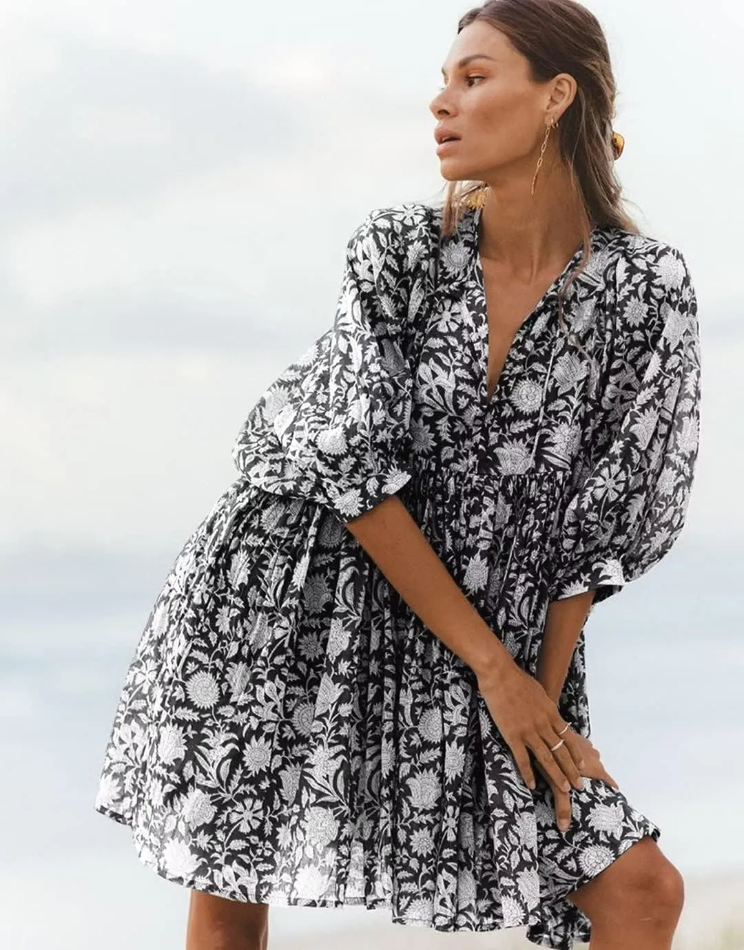 Women Summer Bohemian Floral Shirt Dress Cover Up Beach Dress Half Sleeve Mini Dress