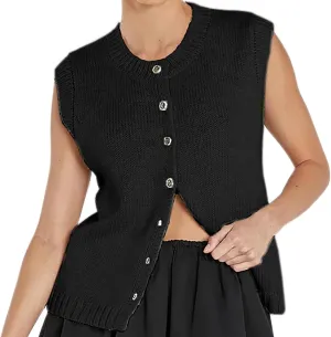 Women Summer Sweater Vest Button Down Round Neck Knitted Tank Top Y2k Sleeveless Sweater Cardigan