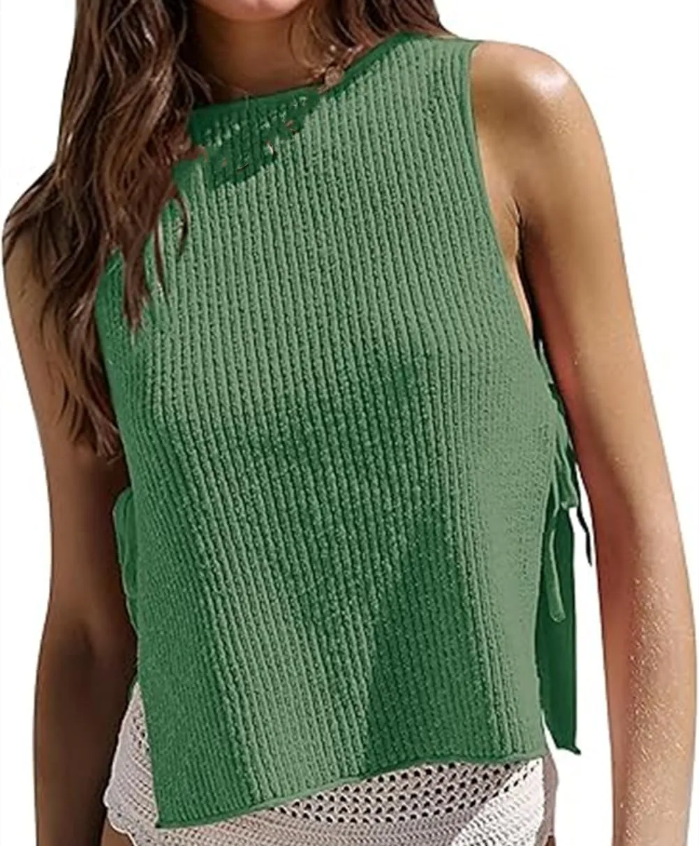 Women Tie Side Sweater Top Sleeveless Split Knit Vest Crew Neck Crochet Shirt Going Out Summer Knitwear
