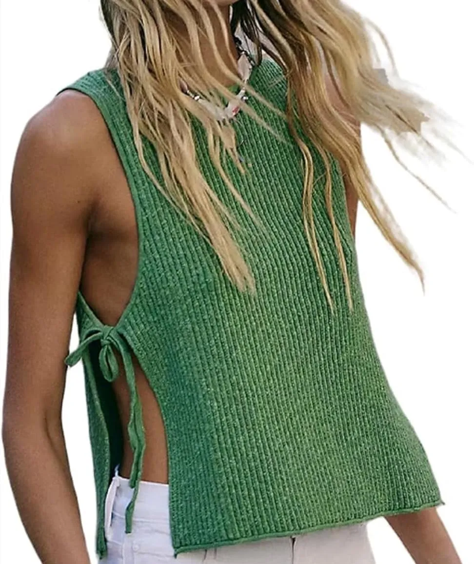 Women Tie Side Sweater Top Sleeveless Split Knit Vest Crew Neck Crochet Shirt Going Out Summer Knitwear