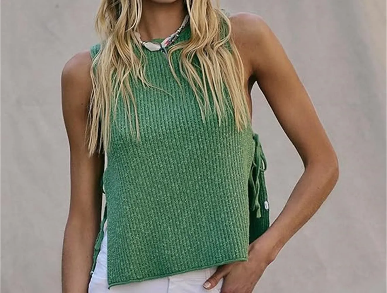 Women Tie Side Sweater Top Sleeveless Split Knit Vest Crew Neck Crochet Shirt Going Out Summer Knitwear
