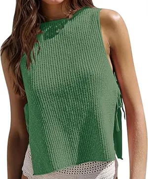 Women Tie Side Sweater Top Sleeveless Split Knit Vest Crew Neck Crochet Shirt Going Out Summer Knitwear