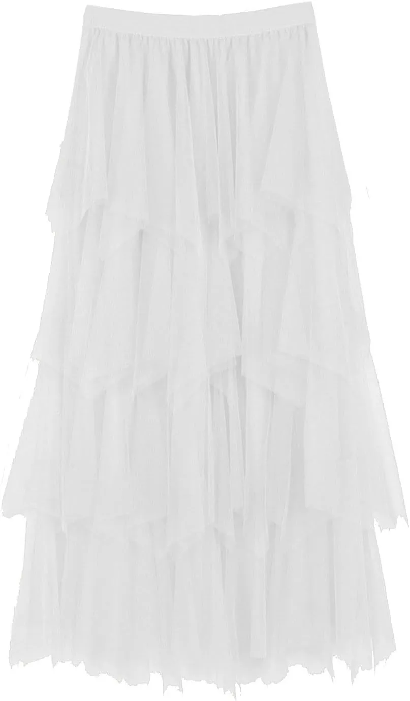 Women Tulle Skirts Layered Tutu Skirt Midi Length Elastic High Waist A Line Skirt Party Evening Mesh Skirt 2025