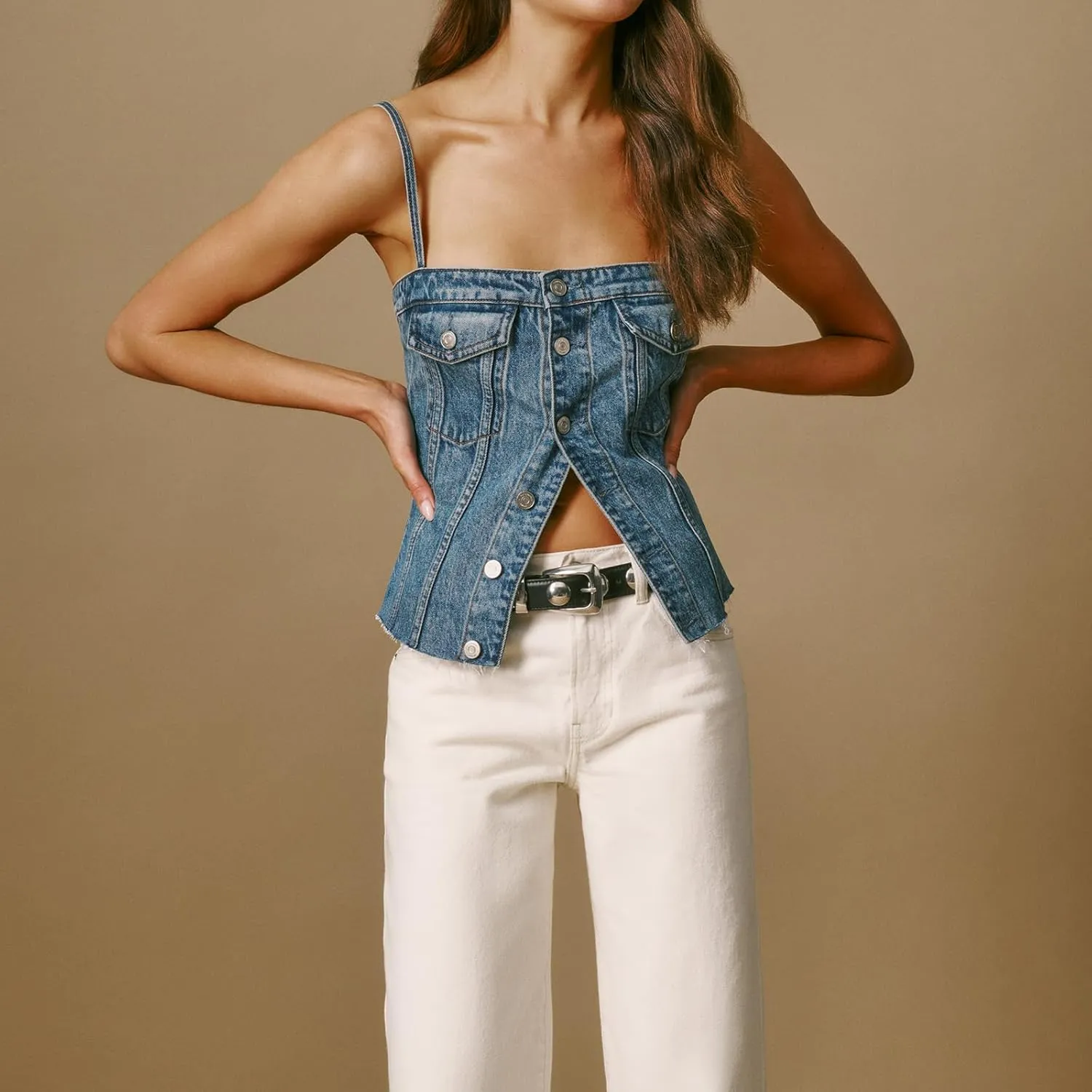 Women Vintage Denim Vest Top Sleeveless V Neck Tie Front Jean Cropped Tank Top Teen Girls Slim Fitted Jean Jacket Streetwear