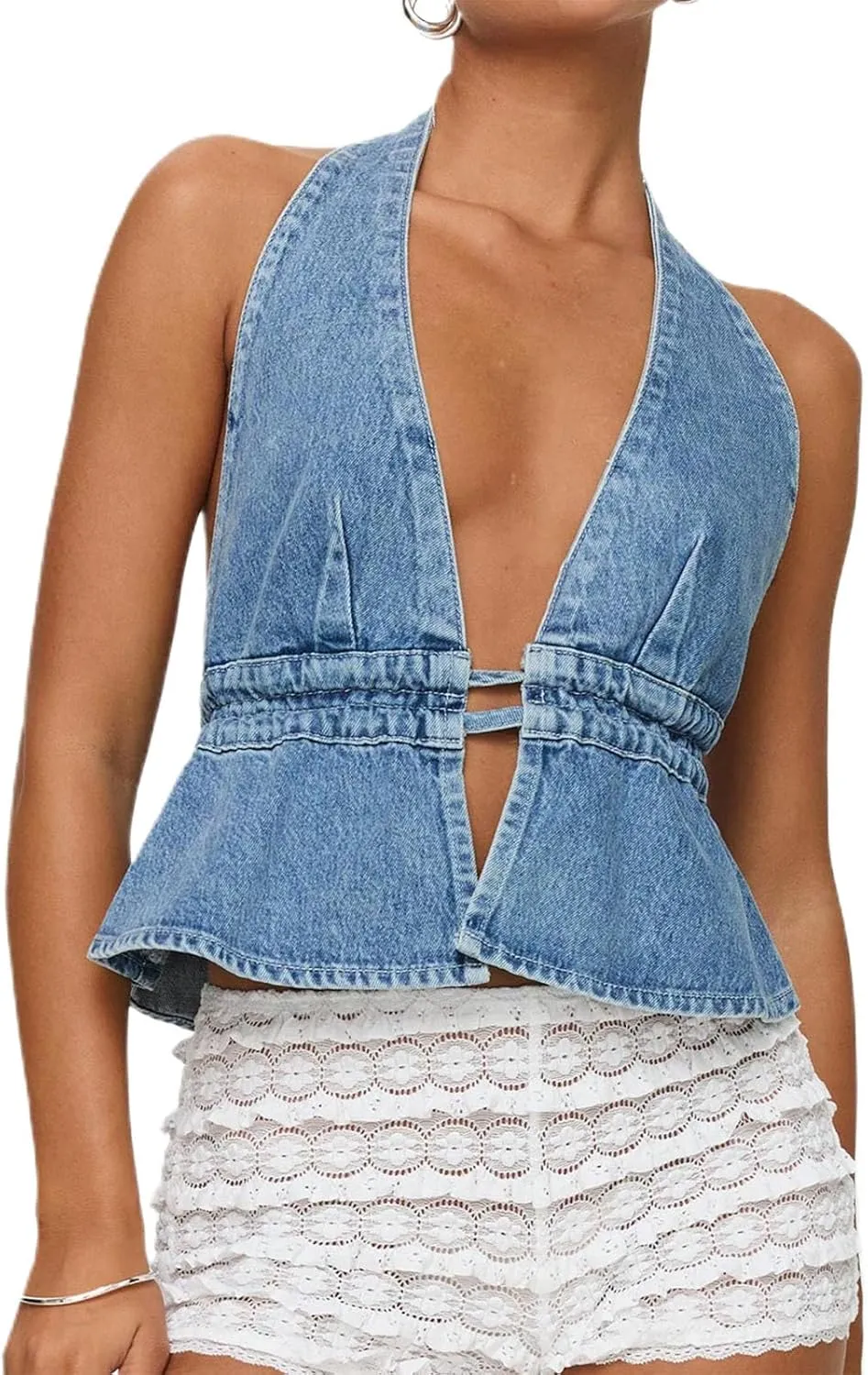 Women Vintage Denim Vest Top Sleeveless V Neck Tie Front Jean Cropped Tank Top Teen Girls Slim Fitted Jean Jacket Streetwear
