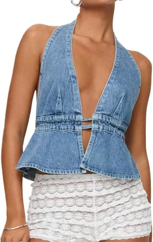 Women Vintage Denim Vest Top Sleeveless V Neck Tie Front Jean Cropped Tank Top Teen Girls Slim Fitted Jean Jacket Streetwear