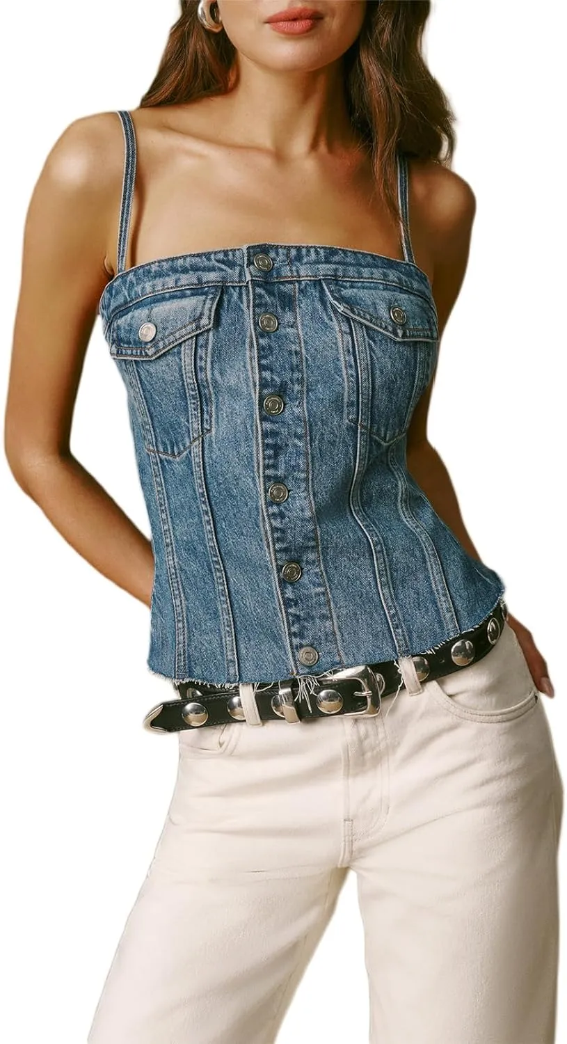Women Vintage Denim Vest Top Sleeveless V Neck Tie Front Jean Cropped Tank Top Teen Girls Slim Fitted Jean Jacket Streetwear