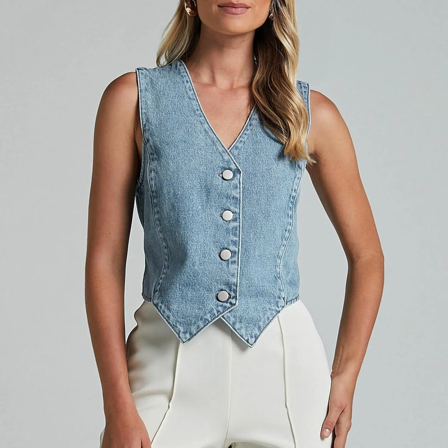 Women Vintage Denim Vest Top Sleeveless V Neck Tie Front Jean Cropped Tank Top Teen Girls Slim Fitted Jean Jacket Streetwear