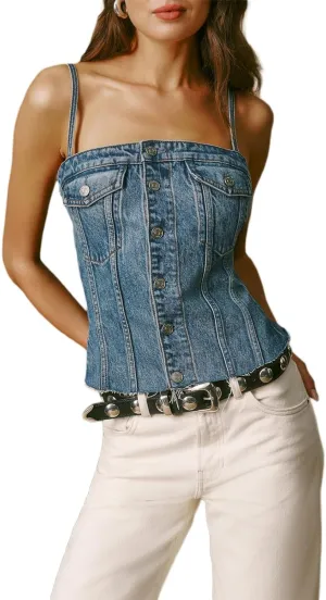 Women Vintage Denim Vest Top Sleeveless V Neck Tie Front Jean Cropped Tank Top Teen Girls Slim Fitted Jean Jacket Streetwear