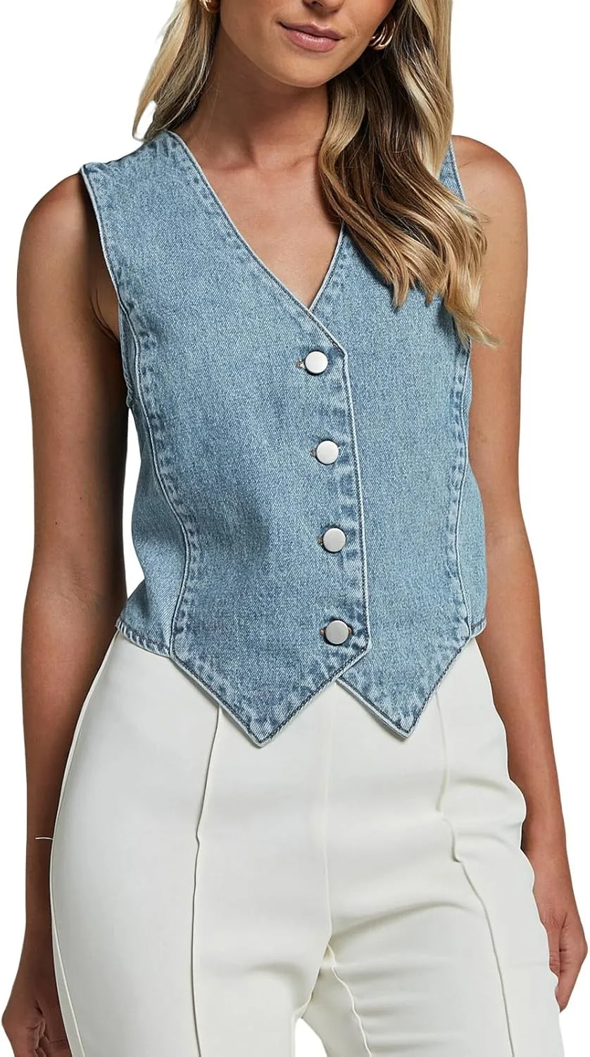 Women Vintage Denim Vest Top Sleeveless V Neck Tie Front Jean Cropped Tank Top Teen Girls Slim Fitted Jean Jacket Streetwear