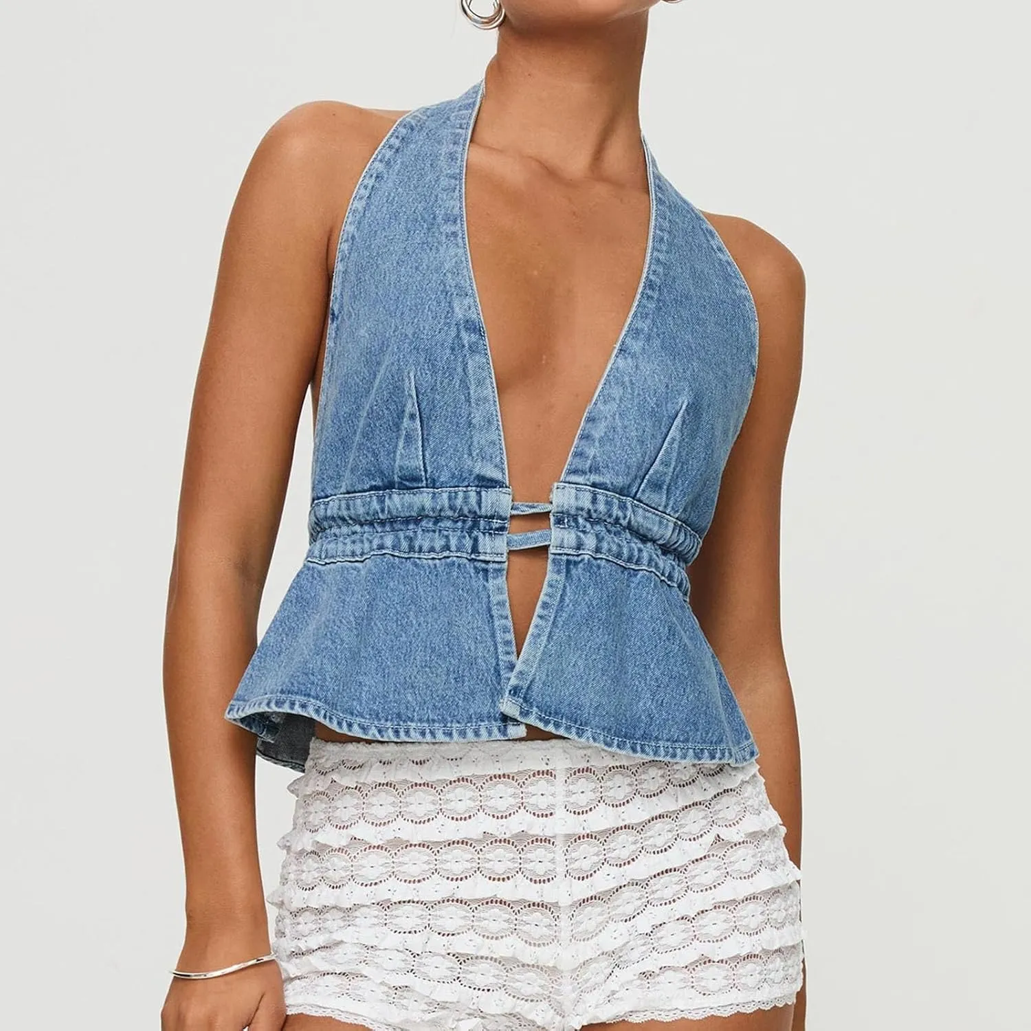 Women Vintage Denim Vest Top Sleeveless V Neck Tie Front Jean Cropped Tank Top Teen Girls Slim Fitted Jean Jacket Streetwear
