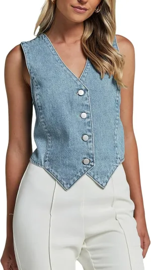 Women Vintage Denim Vest Top Sleeveless V Neck Tie Front Jean Cropped Tank Top Teen Girls Slim Fitted Jean Jacket Streetwear