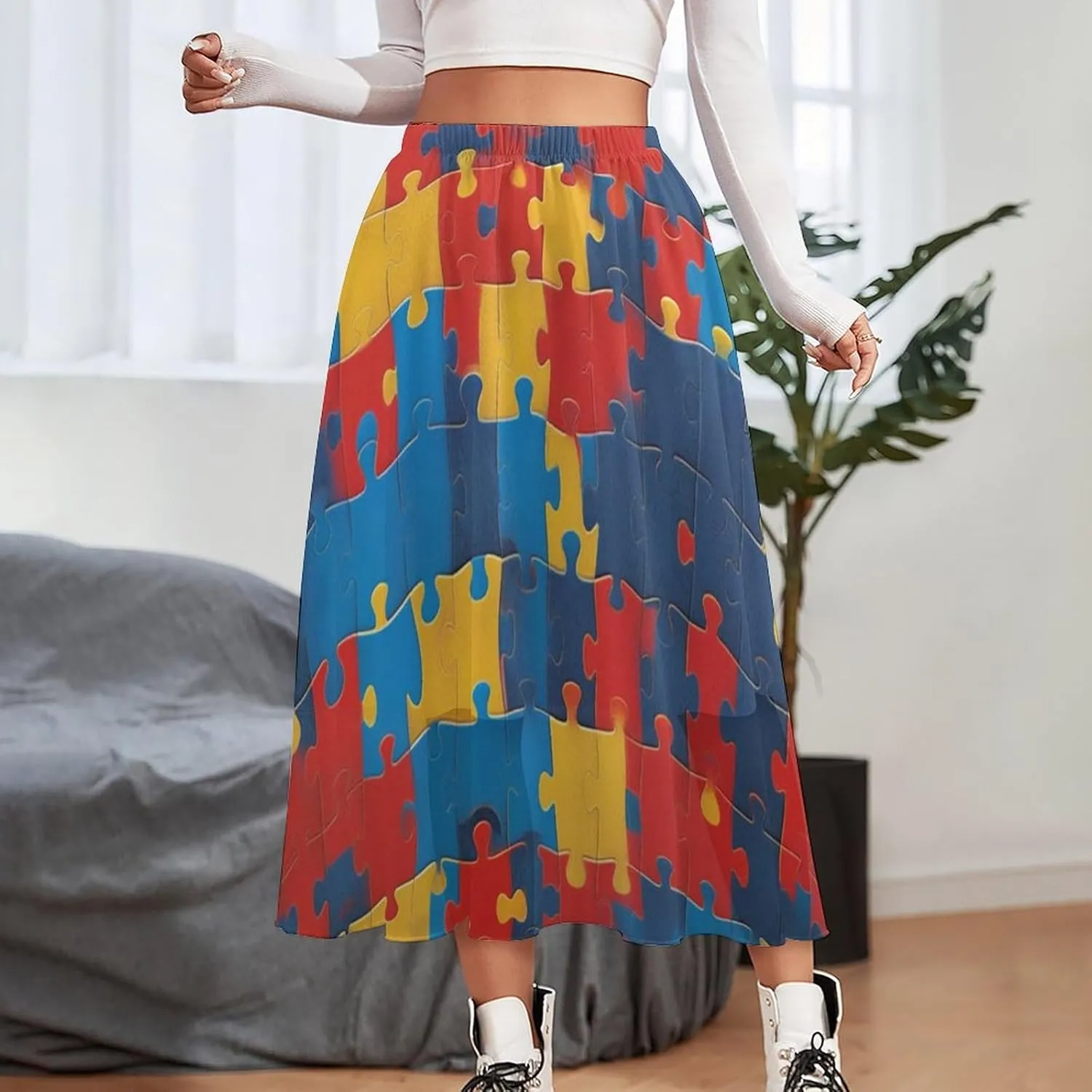 Women's A-Line Elastic Waist Polyester Spandex Midi Skirt