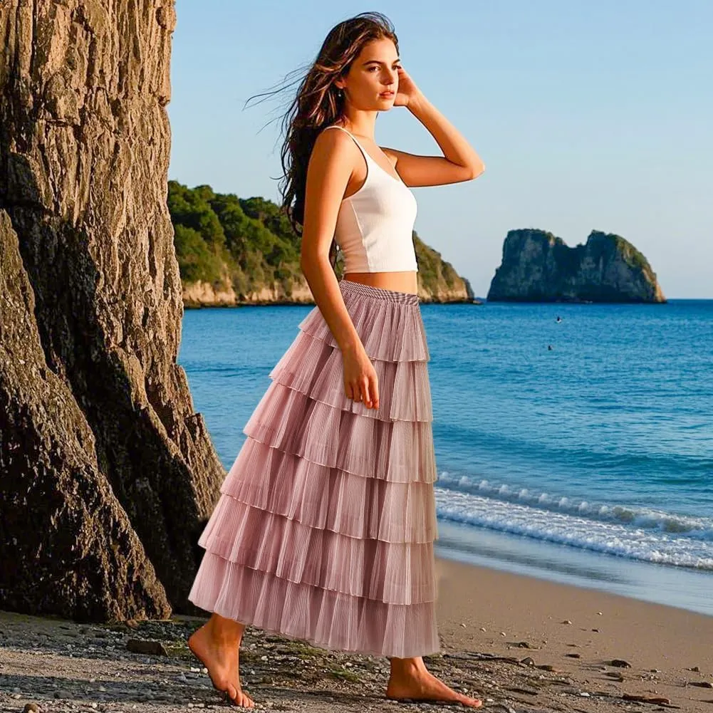 Women's A-Line Fairy Elastic Waist Midi Skirt Women's Chiffon Elastic High Waist Pleated A-Line Flared Maxi Skirts, Apricot