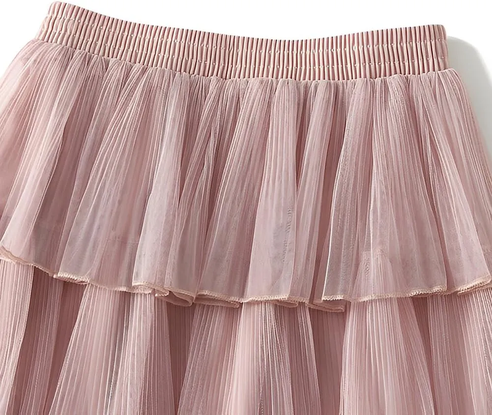Women's A-Line Fairy Elastic Waist Midi Skirt Women's Chiffon Elastic High Waist Pleated A-Line Flared Maxi Skirts, Pink