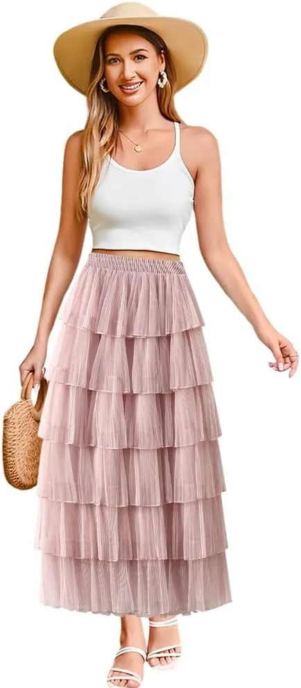 Women's A-Line Fairy Elastic Waist Midi Skirt Women's Chiffon Elastic High Waist Pleated A-Line Flared Maxi Skirts, Pink