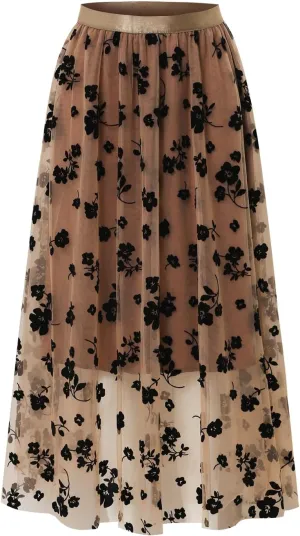 Women's A-Line Fairy Elastic Waist Pleated Tulle Midi Skirt
